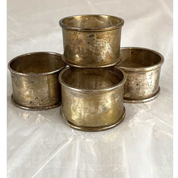 4 Napkin Rings Silverplate EPNS India Round Vintage Fluted‎ Rolled Edges Patina - Picture 1 of 8